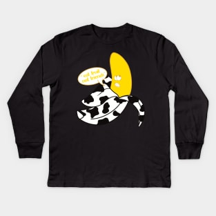 Banana in black and white cow onesie saying "Eat fruit not friends" Kids Long Sleeve T-Shirt